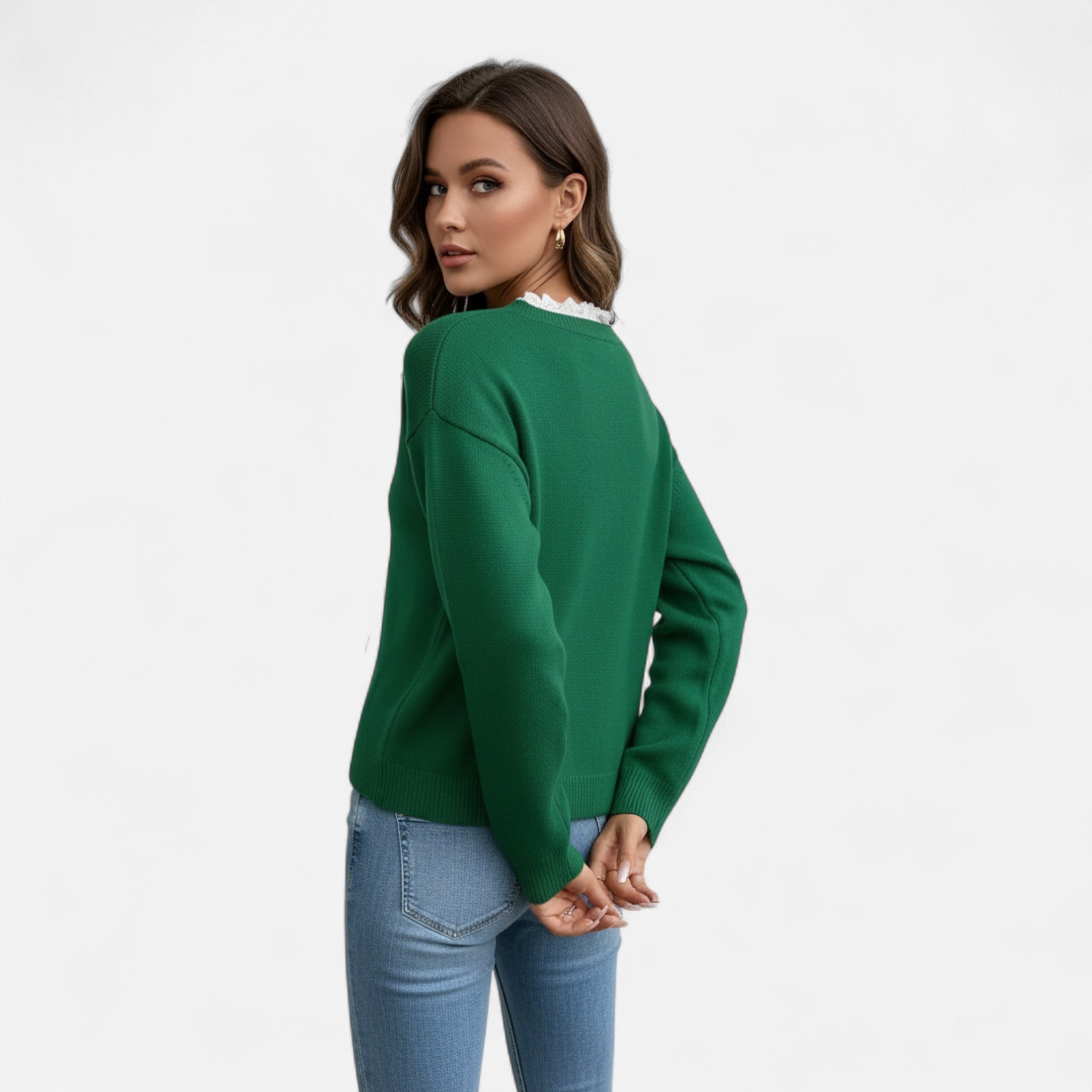 Gilduro | Women’s Elegant Lace Trim V-Neck Sweater