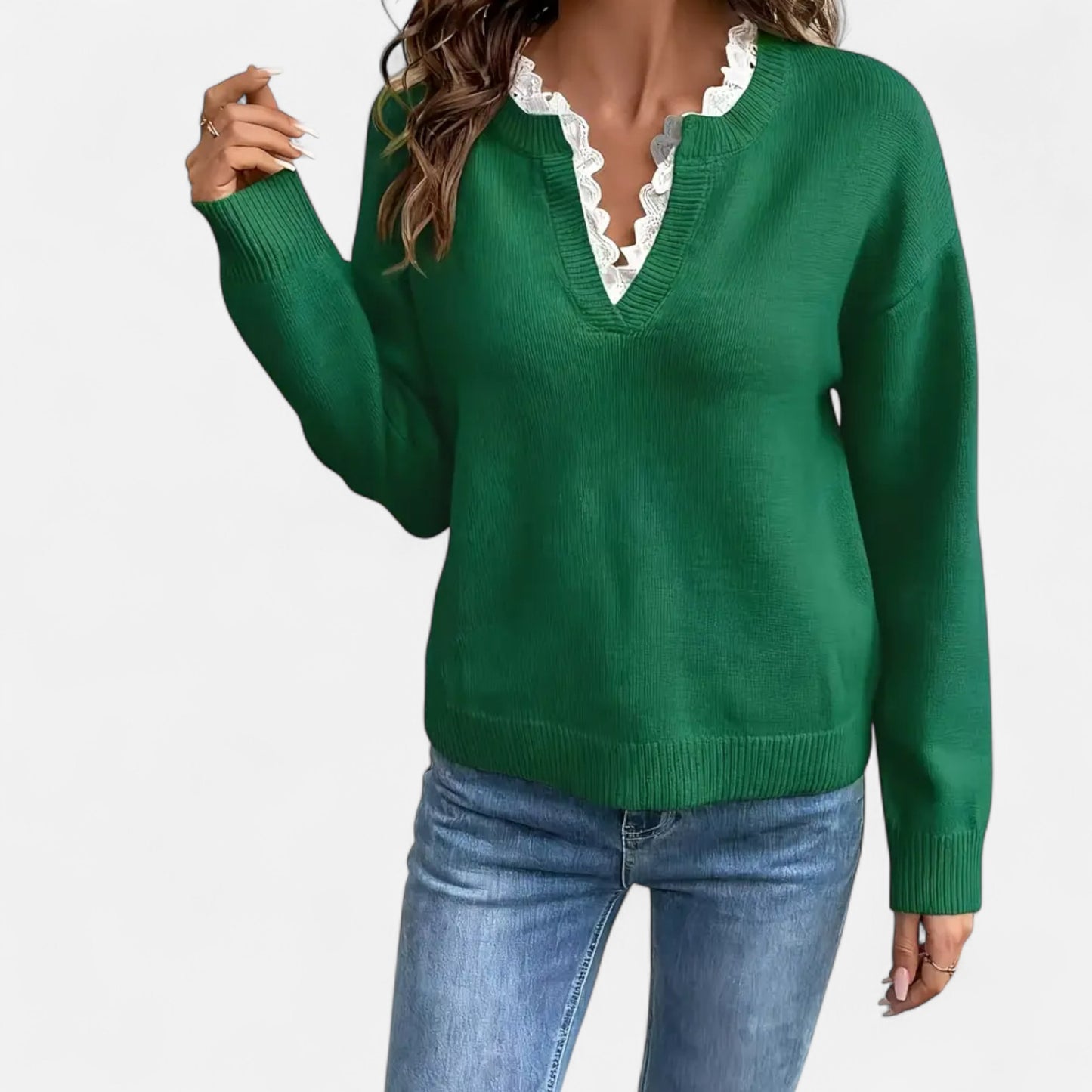 Gilduro | Women’s Elegant Lace Trim V-Neck Sweater