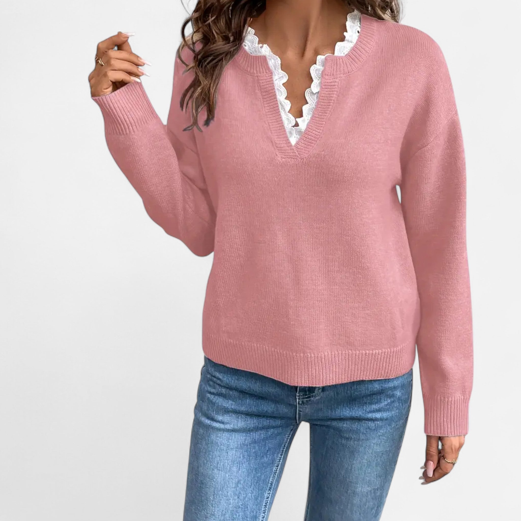 Gilduro | Women’s Elegant Lace Trim V-Neck Sweater
