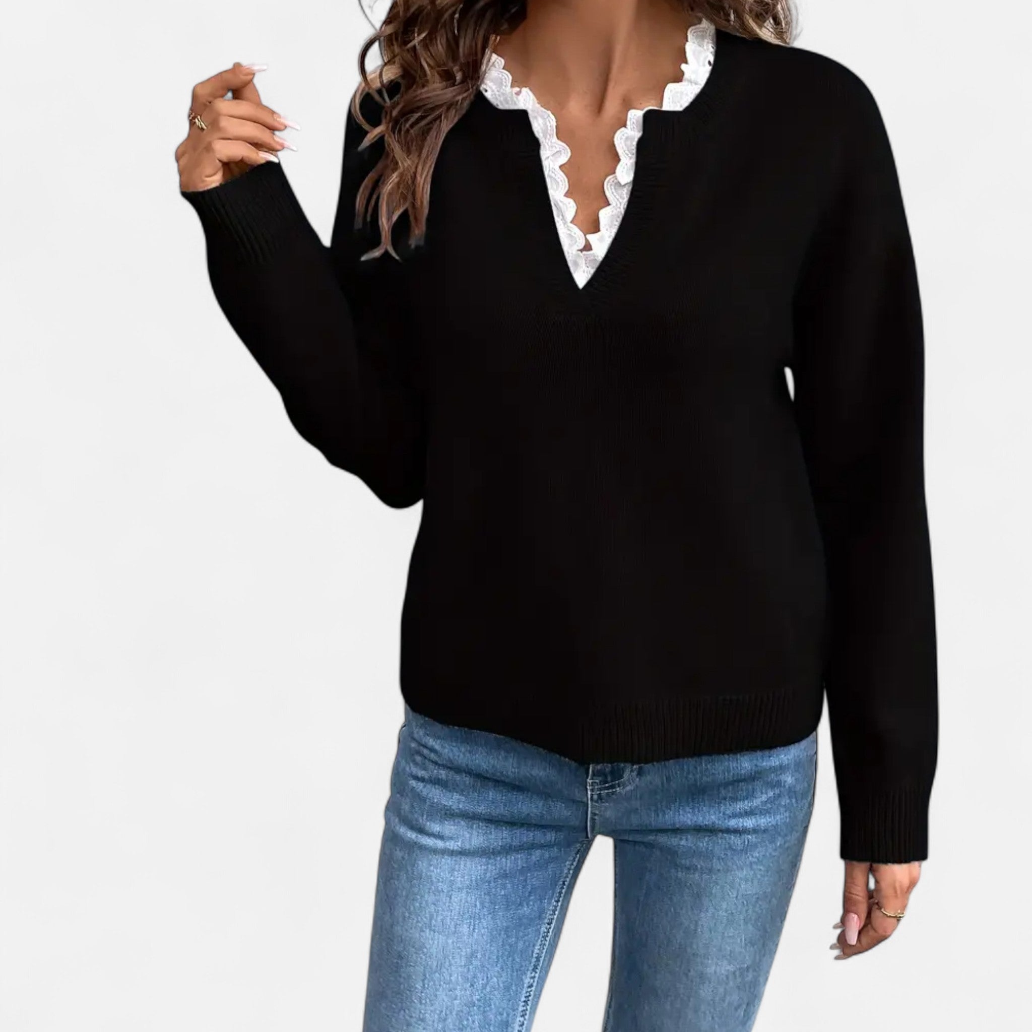 Gilduro | Women’s Elegant Lace Trim V-Neck Sweater