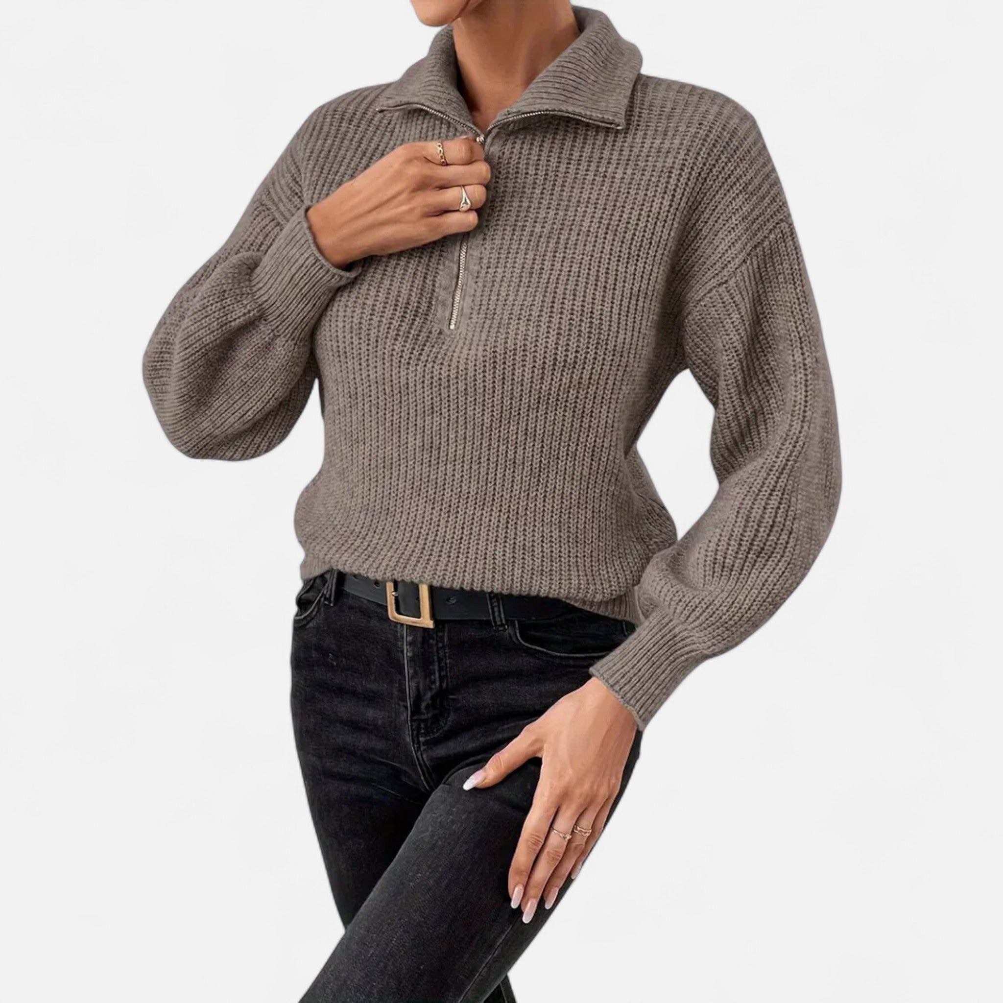 Gilduro |Women’s Drop Shoul der Zip-Up V-Neck Sweater