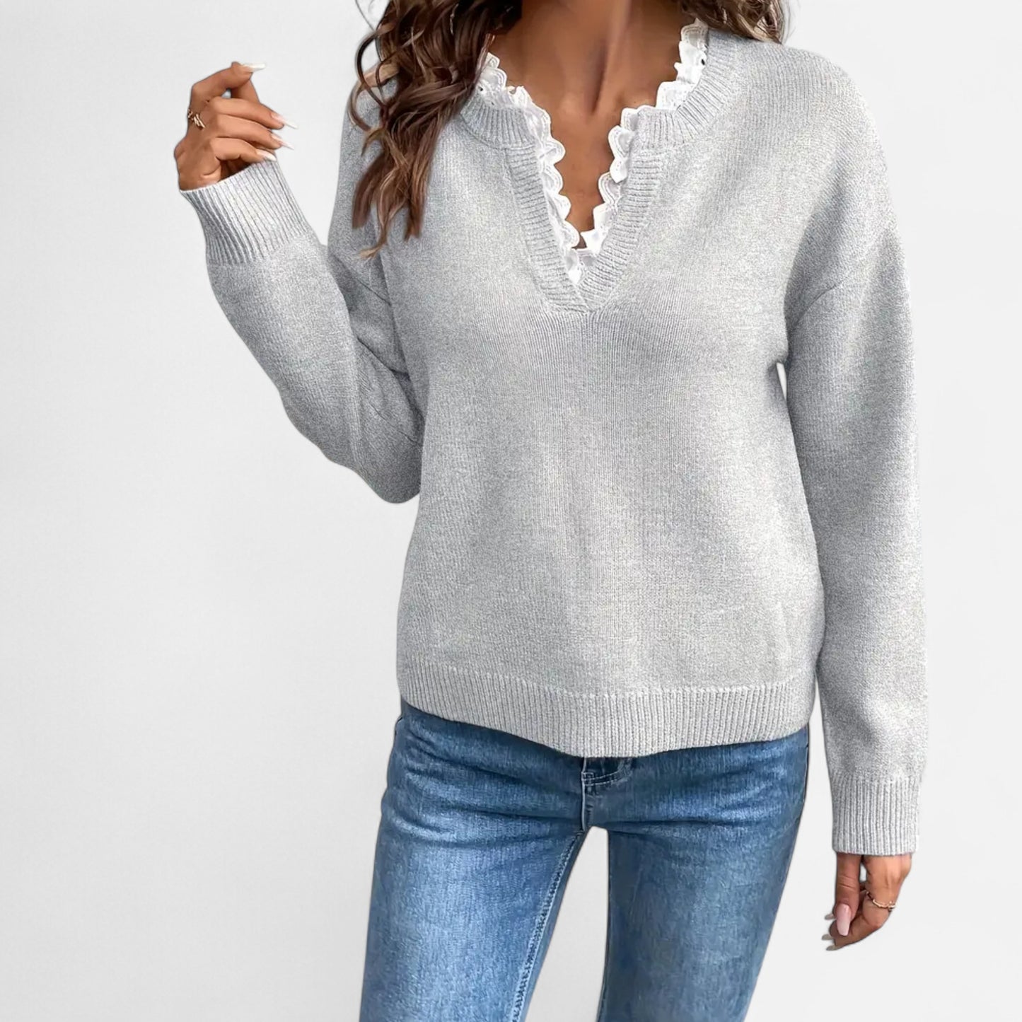 Gilduro | Women’s Elegant Lace Trim V-Neck Sweater