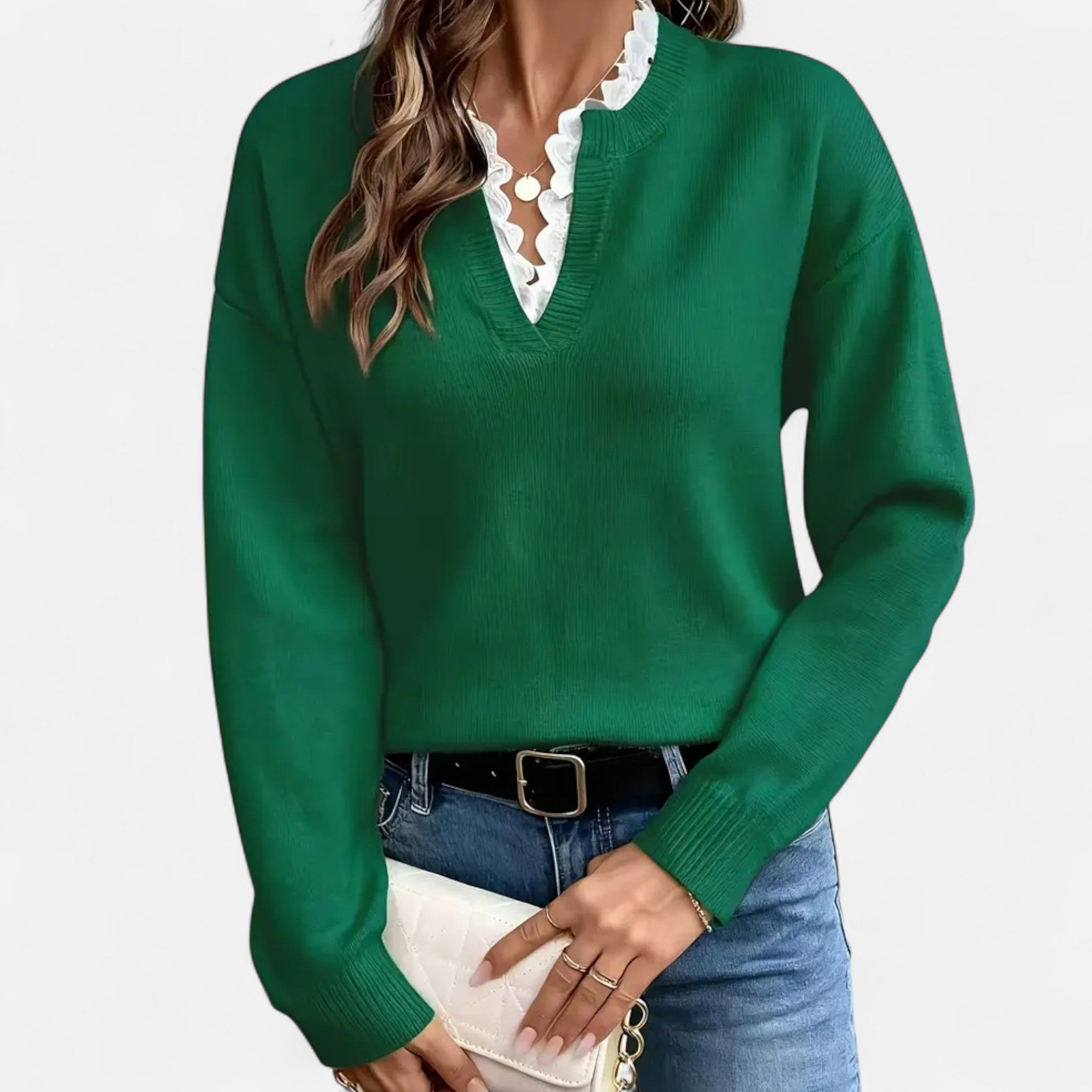 Gilduro | Women’s Elegant Lace Trim V-Neck Sweater