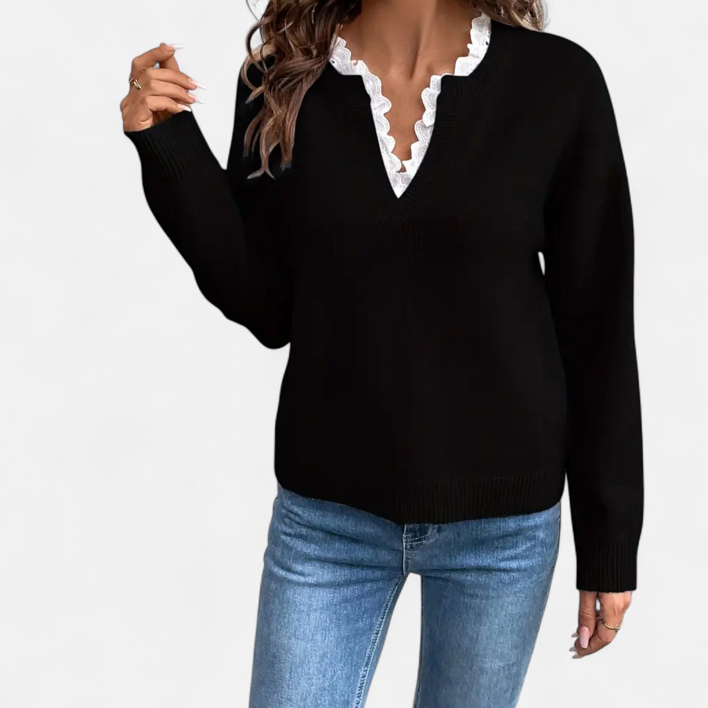 Gilduro | Women’s Elegant Lace Trim V-Neck Sweater