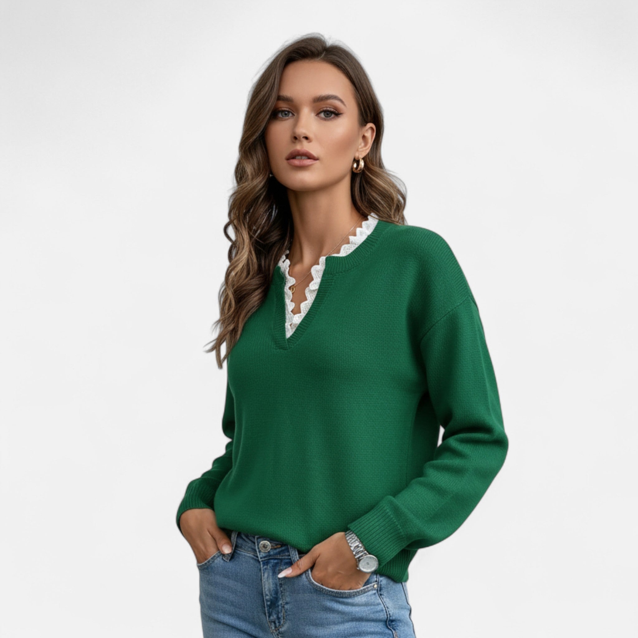 Gilduro | Women’s Elegant Lace Trim V-Neck Sweater