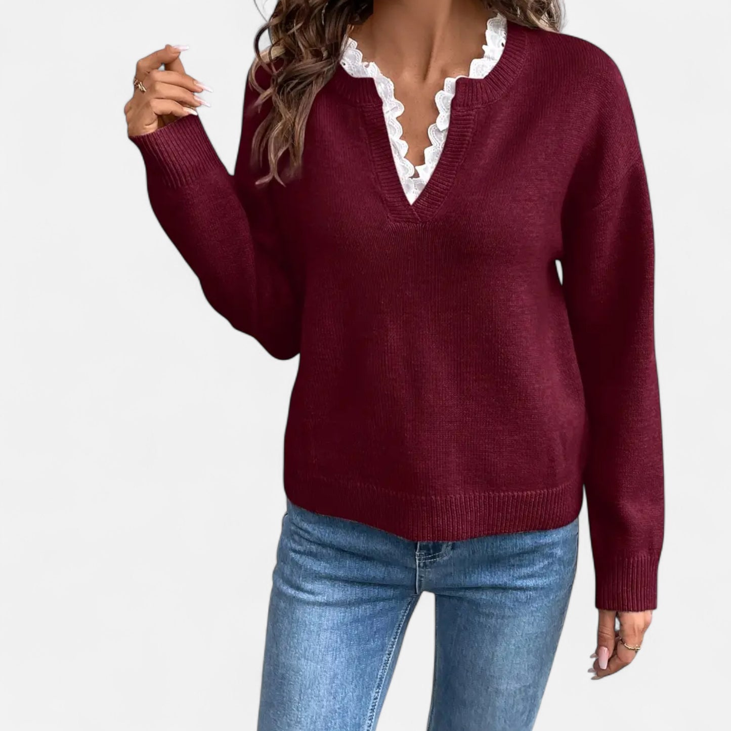 Gilduro | Women’s Elegant Lace Trim V-Neck Sweater
