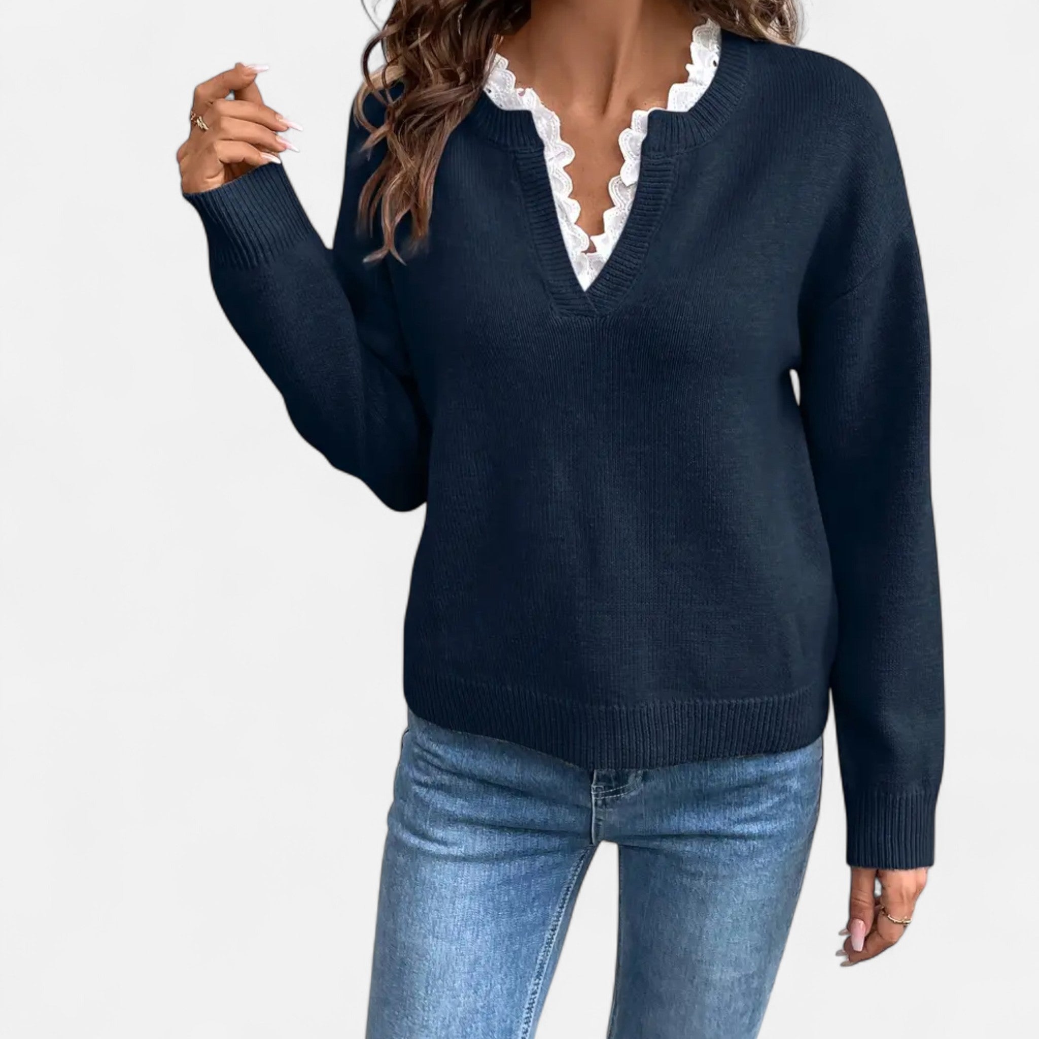 Gilduro | Women’s Elegant Lace Trim V-Neck Sweater